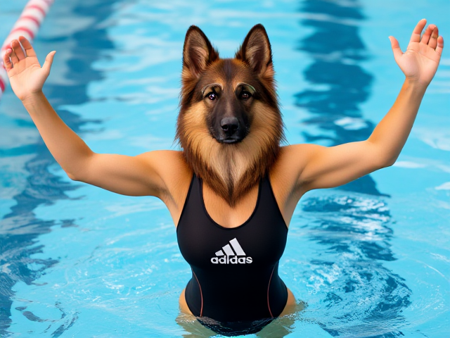 A tall anthropomorphic long haired German shepherd wearing an adidas swimsuit and swimming goggles stretching her arms before a swim