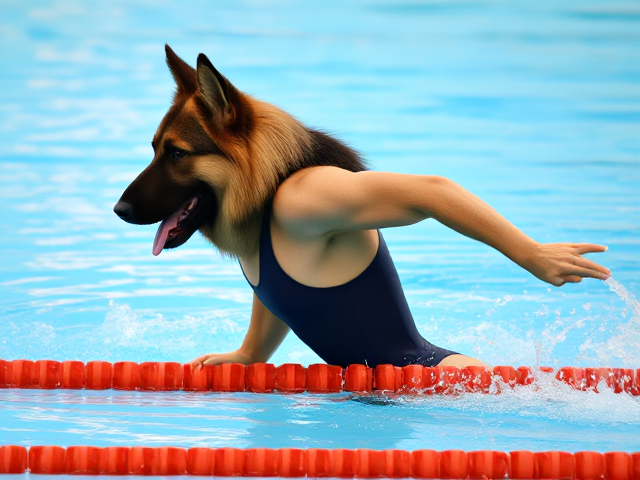 A anthropomorphic long haired German shepherd competitive swimmer wearing a high cut one piece swimsuit