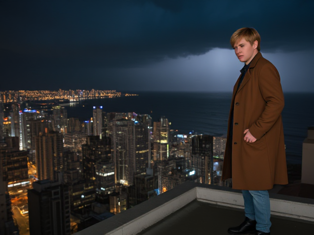A petite 13-year-old girl with strawberry blonde hair, wearing a pullover and jeans, is standing on the roof ledge of a night club. Next to her on the roof, standing nearby is a modern-day, pale skinned vampire in his late twenties, with blonde hair, dressed in a brown trench coat and jeans. He appears uneasy as he looks at her. The girl gestures angrily at him, flailing her arms. A thunderstorm approaches the cityscape from the sea shore. Set at night.