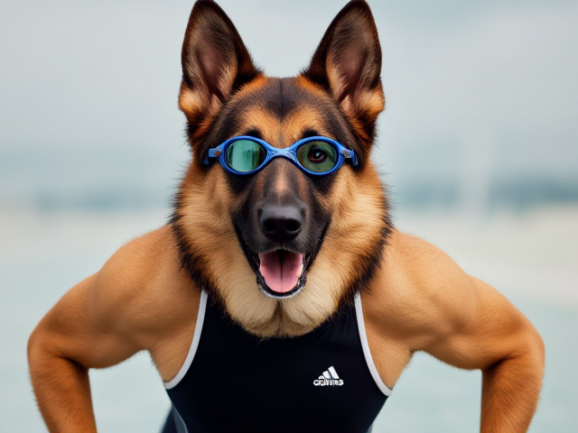 A anthropomorphic German shepherd wearing an adidas swimsuit and swimming goggles