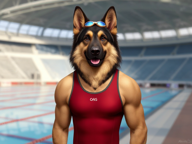 A tall anthropomorphic long-haired German shepherd Olympic swimmer with a long torso and broad shoulders, wearing a racing swimsuit and goggles while standing next to a Olympic-sized pool