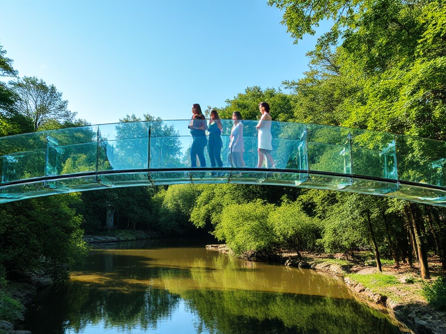A crystal-clear bridge made of glass, spanning a tranquil river, surrounded by lush greenery; the transparent surface reflects sunlight, creating prisms of color; people walking across with serene expressions, embodying trust and openness; wide-angle view from below the bridge, capturing its elegance and the vibrant foliage around it; photorealistic style with intricate detail; soft morning light casting gentle shadows.