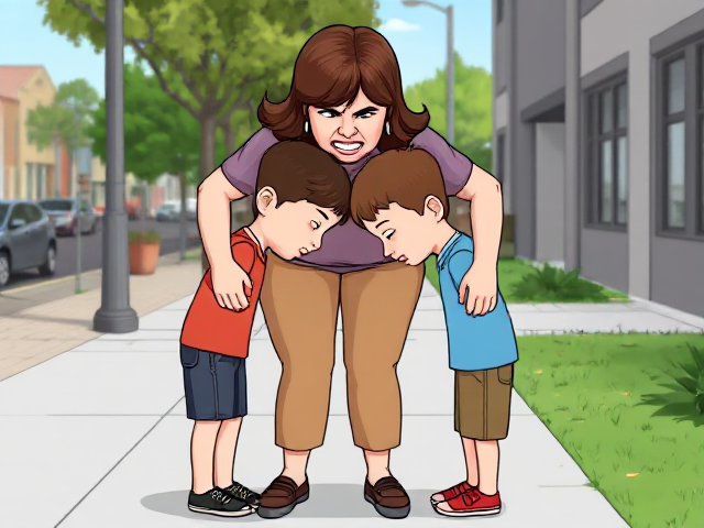 A full body, cartoon image of a tall angry  mom,  she is holding her  two son’s  and is banging their foreheads together. They are all standing on a sidewalk. The boy’s foreheads are touching together, mom’s hands are on the back of their necks.
