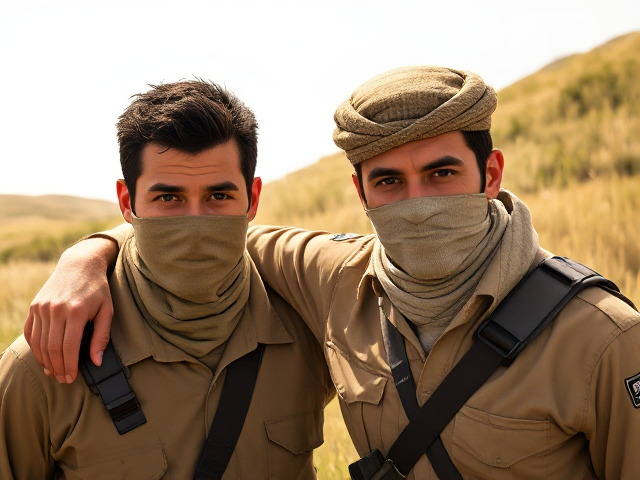 Two men, military clothing, tan, Arab, one with violet eyes and with dark brown eyes, mask covering their face, arm over each others shoulders, sunny and grassy background