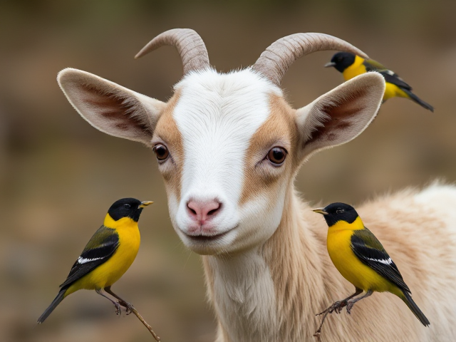 Create an image of a baby goat with honeyeater birds