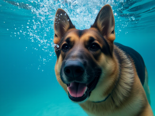 A German shepherd underwater, cheeks puffed as it holds its breath, surrounded by bubbles