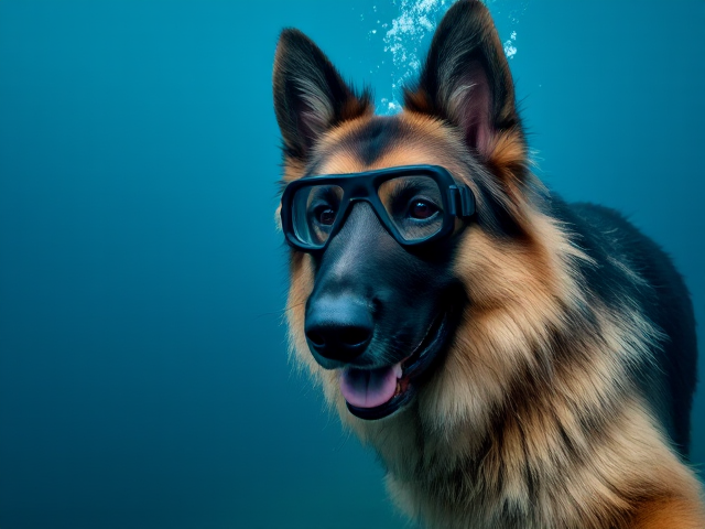 A long haired German shepherd Freediving wearing goggles holding a Freediving line