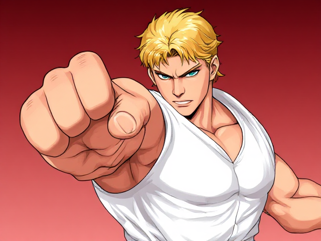 Ken masters de Street Fighter entrain de donner un coup de poing, avec une expression combative sur le visage. La pose doit être dynamique