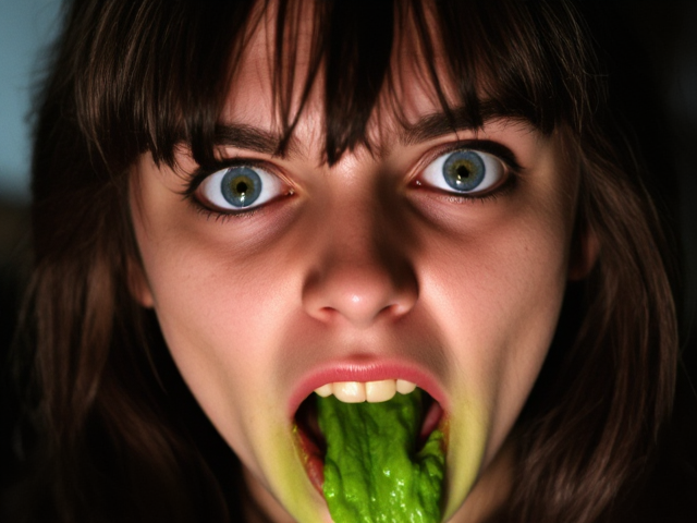 The possession of Regan Teresa MacNeil, The fictional character in the 1971 novel The Exorcist and one of the supporting characters in its 1973 film adaptation. Solid white eyes, throwing up green slime.