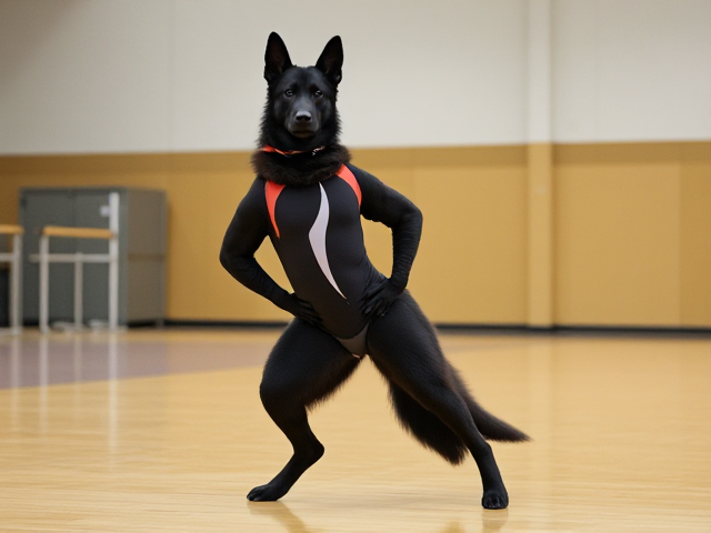 Anthropomorphic black German shepherd wearing a gymnastics leotard, posing with emphasis on its hips in a gymnasium setting, detailed and vibrant colors