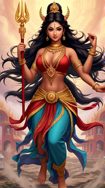 A majestic and powerful 64k anime-style illustration of Durga, the Hindu goddess of war and Shiva's third wife, from Record of Ragnarok, set in a celestial battlefield, rendered in vivid digital art with intricate 3D elements.

### Character Portrayal:
* Hair: Long, lustrous black hair tied in a flowing ponytail
* Eyes: Deep, intense black eyes reflecting divine wisdom and battle-readiness
* Skin: Rich brown skin with a sun-kissed glow
* Physique: Strong, athletic build befitting a warrior deity
* Outfit: 
 - Red fitted bodice with gold trim
 - Flowing teal and white fabric accents
 - Royal blue skirt with battle-ready slits
 - Traditional Indian design elements incorporated throughout
* Accessories: 
 - Multiple golden arm bangles and bracelets
 - Ornate golden necklace
 - Sacred lance with intricate detailing
 - Potentially multiple arms holding various divine weapons (as per traditional depictions)

### Expression and Pose:
* Pose: Dynamic stance ready for battle, lance poised, multiple arms if depicted in traditional form
* Expression: Confident smirk with keen, observant gaze
* Emotional Cues: Radiates divine authority, warrior's pride, and maternal protection

### Background and Setting:
* Environment: Celestial battlefield with divine architecture, hints of Svarga (Hindu heaven)
* Mood: Epic and majestic with palpable divine energy
* Visual Enhancements: Glimpses of other Hindu deities in the background, particularly Shiva

### Visual Enhancements:
* Lighting: Divine light cascading from above, highlighting her form
* Color Palette: Rich reds, blues, and golds contrasted with her brown skin and black hair
* Detailing: 
 - Subtle divine aura surrounding her form
 - Ethereal energy flowing through her weapons
 - Intricate patterns on fabric and jewelry with cultural motifs
* Action Lines/Effects: Swirling wind effects around her bare feet, suggesting divine movement

### Illustration Concept:
* Style: Hyper-detailed 64K anime artistry blending divine warrior aesthetics with Hindu mythology
* Art Approach: Em