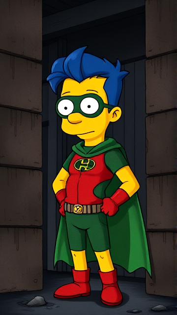 Dark and Dramatic Cartoon scene: Milhouse Van Houten from The Simpsons, with his yellow skin, really big round nose, and blue hair that's slicked back and curled up at the top, but as a tall, 18-year old teenager, dressed as a parody of Robin, The Boy Wonder, with an extremely muscular body, a dark green bodysuit with a red torso adorned with a green H symbol on his chest, a grey utility belt, red boots, red long-cuffed gloves, a big, heel-length long, ultra-wide green cape wreathed around his neck held up by a silver triangular button, and a green eye mask with optical lenses in it, now known as Houseboy, The Nerd Wonder, the other half of Springfield's Dynamic Duo, and one of the greatest vigilante superheroes ever known in Springfield. He is currently hiding behind a large stack of crates in a dark factory, beginning his infiltration into a villain's lair as he plans out his strategy to find a way to sneak in undetected.