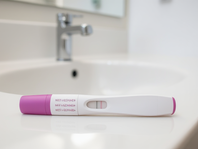English Positive pregnancy test laying flat on a white bathroom counter, with a silver sink, and a mirror