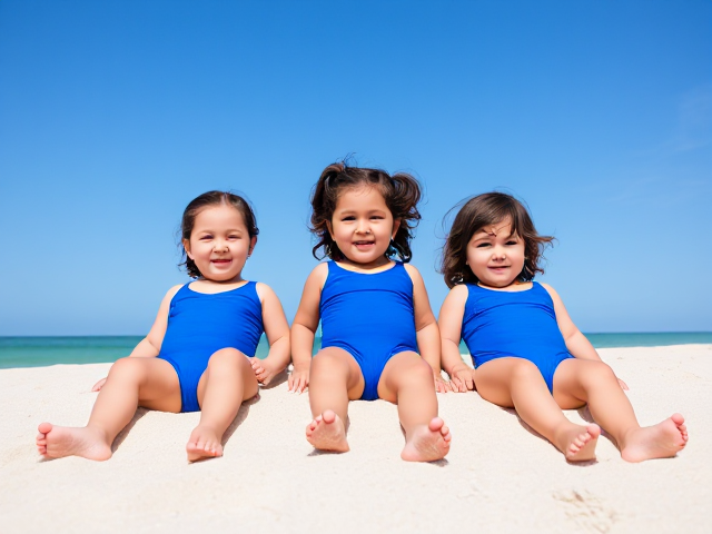 Three small girls laying on sandy beach in blue one piece swimsuits