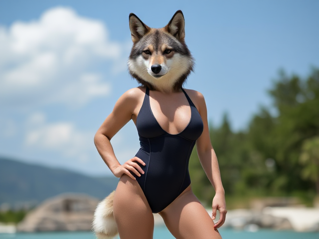 A anthropomorphic wolf with athletic hips wearing a one piece swimsuit