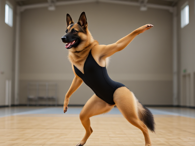 Anthropomorphic German shepherd with strong hips, wearing a gymnastics leotard, performing in a bright gymnasium setting, dynamic pose, high detail