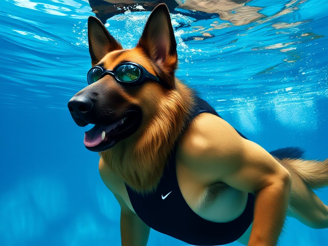 A tall anthropomorphic long haired German shepherd with a long torso and broad shoulders wearing a Nike one piece swimsuit and swimming goggles while submerged underwater