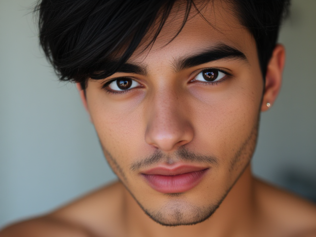 Tan, Arab, violet siren eyes, nose piercings, male, black hair