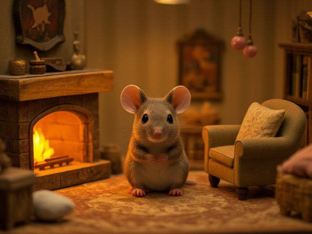 Mouse sitting in a cozy, warmly lit room with a small fireplace, surrounded by tiny furniture like a miniature armchair and bookshelf, decorated with soft textiles and warm colors