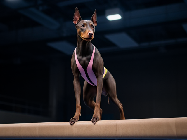 Anthropomorphic Doberman performing gymnastics on a balance beam, wearing a colorful leotard, focused expression, dynamic pose, indoor gym setting, dramatic lighting