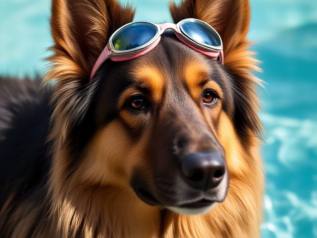 A long haired German shepherd wearing swimming goggles