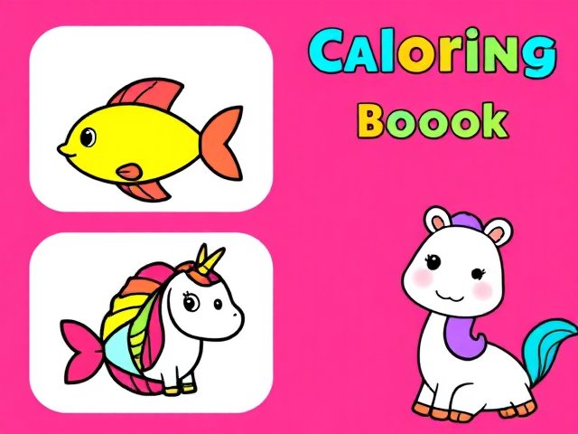 "Create a bright and playful design should feature cute, cartoon-style illustrations that are appealing The layout should have four sections, each containing a different simple illustration, such as a fish, unicorn, or any other fun, kid-friendly characters or objects. The colors should be vibrant, with bold outlines, giving it a fun and engaging look for young children. Include a friendly cartoon character, like a smiling animal, in one of the corners. The overall style should be similar to a traditional children's coloring book cover—bright, happy, and easy to understand."