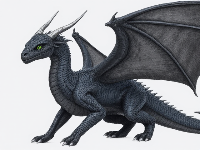 Young Female dragon with dark, midnight blue scales and huge obsidian black wings; obsidian black underbelly and clawed feet. She has small icicle shaped horns that align her back jaw. Her eyes are venom green. Narrow, beautiful face and an elegantly long neck. Has small ears like a horse. Powerfully built with taut muscles under her scales. She moves purposefully and proudly; has an expression of maturity and seriousness in her face