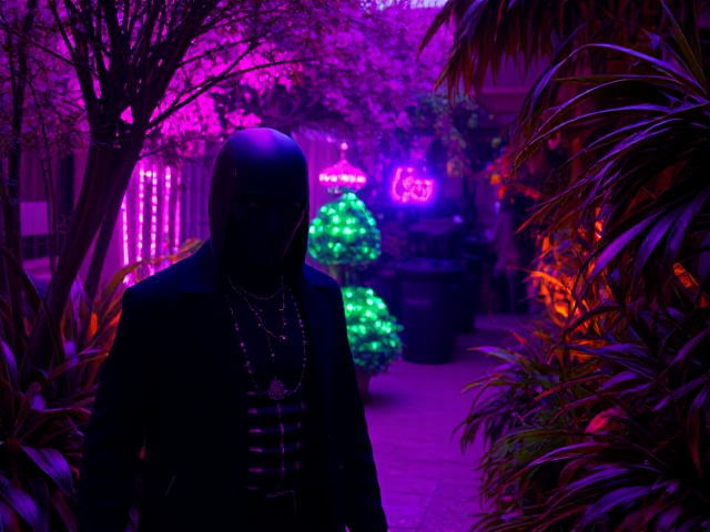 A dark knight of color and ancestry to African walking along side with another to the a garden of being neon