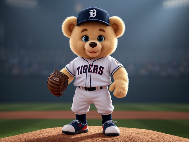 An athletic human teddy bear light coconut creme colored fur blue eyes wearing a tigers uniform navy hat white jersey white baseball pants navy socks navy cleats smiling wearing a navy baseball glove on his left hand standing on a pitchers mound