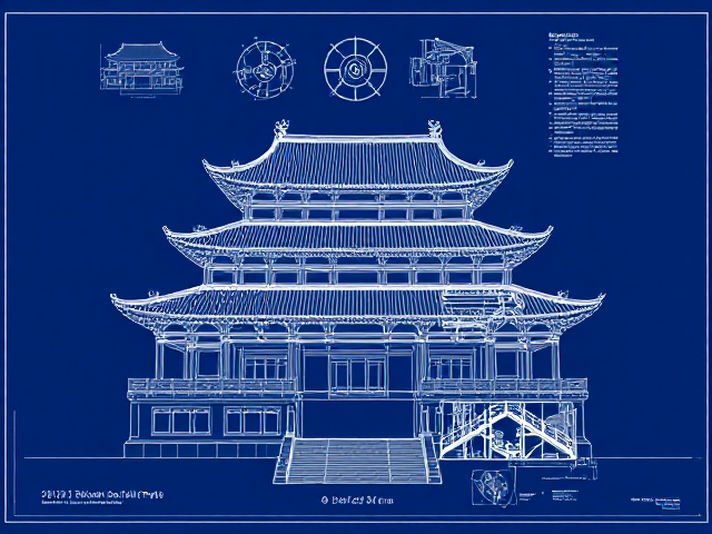 A highly contrasted architectural blueprint of a large Chinese temple, shown with a front view and a sectional cut to reveal the interior. Additional detailed sketches are placed above. White linework only, with no filled areas, on a deep blue background. The drawing should clearly resemble authentic technical blueprints, with cut views and architectural details.