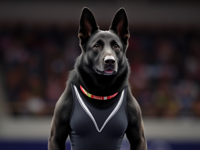 A anthropomorphic black German shepherd Olympic gymnast wearing a leotard