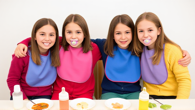 Quatre jeunes filles adolescentes aux cheveux lisses et dégagé et de différentes couleurs a l'avant assis a table  avec de la nourriture pour bébé et des biberons avec des grands bavoirs multicolore  et des tétines en bouches elles ont des pull de différentes couleurs que les Bavoirs et avec des pantalons elle se font un gros câlin