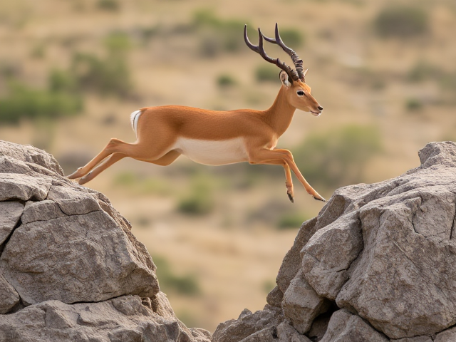 gazelle leaping over rocky gap