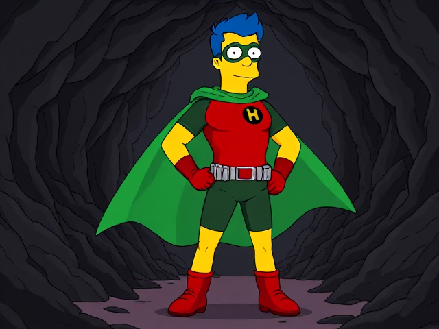 Cartoon scene: Milhouse Van Houten from The Simpsons, with his yellow skin, really big round nose, and blue hair that's slicked back and curled up at the top, but as a tall, 18-year old teenager, dressed as a parodied version of Robin, The Boy Wonder, with an extremely muscular body, wearing a dark green bodysuit with a red torso adorned with a small black circle with a light-green "H" symbol on his left pectoral, a silver utility belt with a red square buckle with silver pouches attached to it that hold all of his unique gadgets, red boots, red long-cuffed gloves, a really big, toe-length long, ultra-wide light-green cape wreathed around his neck held up by an inverted silver triangular button, and a light-green eye mask with optical lenses in it that protects his true identity, now known as Houseboy, The Nerd Wonder, the other half of Springfield's Dynamic Duo, and one of the greatest vigilante superheroes ever known in Springfield. In this scene, Houseboy is currently standing in a dark cavern, searching for a lost citizen that has been kidnapped.