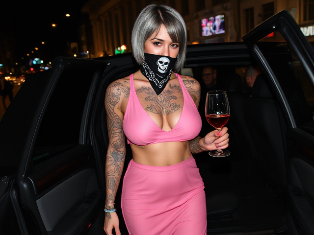Thick, Slim, young, nymph Goth girl, black silver short hair, covered in tattos, pink sheer lustful long dress,neck to belly tattoo, face covered with skull bandana, same girl, slim wine glass, walking out of limousine, in night street, people in background, hyperrealistic