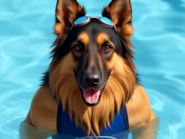 A anthropomorphic long haired German shepherd wearing a racing swimsuit and swimming goggles
