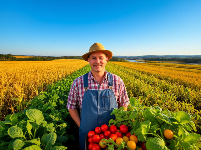 A passionate farmer standing proudly amidst a flourishing, vibrant farm filled with a diverse array of crops like golden wheat, green leafy vegetables, and ripe red tomatoes, under a clear blue sky. The background shows an idyllic rural landscape with distant hills and a serene river. The style is hyper-realistic, capturing the vivid colors and textures of nature in intricate detail. Warm, natural sunlight bathes the scene, highlighting the farmer's expression of dedication and care for food security. The camera angle is slightly low, looking up at the farmer to emphasize their importance and commitment to sustainable agriculture