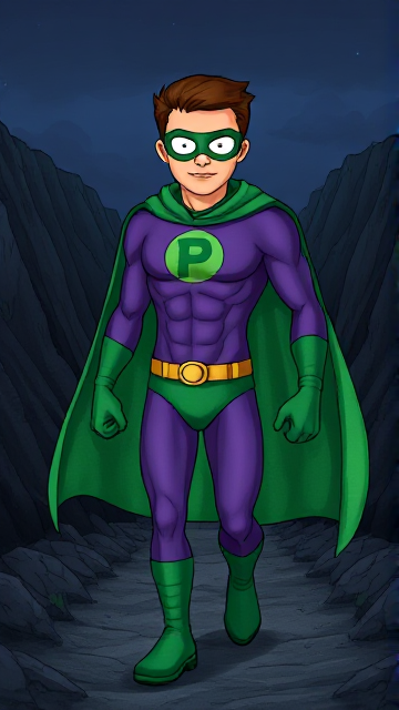 Dramatic and foreboding Cartoon Movie scene: A young, Autistic 25-year old boy with light skin and flat, smooth, and slick brown hair named T.J. Granger, but transformed into a genetically-altered superhero named Powerman, who, despite still being a young adult kid, has an extremely muscular body. He wears a sleek purple suit with a green P symbol on his chest, a gold belt with a circular buckle, green briefs, green boots, green long-cuffed gloves, a really big, heel-length long, ultra-wide green cape wreathed around his neck, and a green eye mask that protects his true identity and also causes his pupils to magically disappear as his eyes glow an eerie white. He also has incredible and invincible superpowers flowing through his veins. In this scene, Powerman is currently walking through a dark valley, being aware of anything that could attack him at any moment.