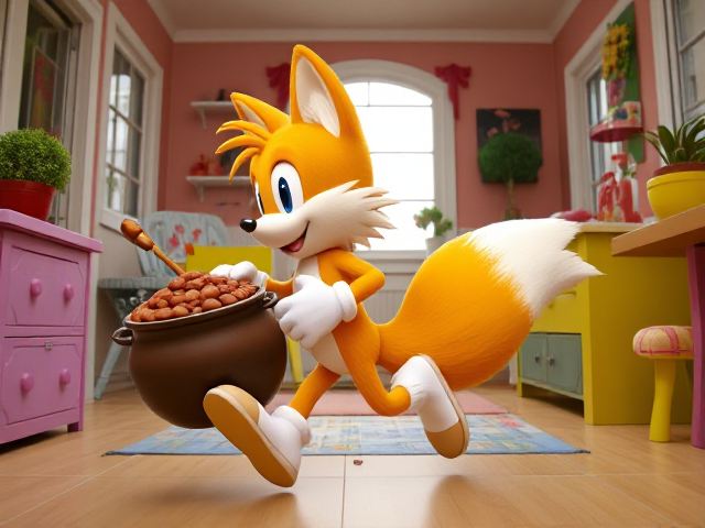 A side shot of A young and adorable depiction of a smaller, younger version of Miles "Tails" Prower the two tailed fox wearing gloves and white socks. He is running through a brightly lit, colorful house with playful decorations and furniture, carrying a GIANT pot of baked beans that he totally didn't steal. Beans are splashing out of the pot as Tails mischievously looks behind him to ensure he isn't being chased. His two fluffy tails are flowing behind him dynamically, adding to the sense of motion and excitement in the scene.