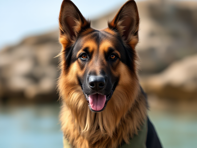 A anthropomorphic long haired German shepherd wearing a neoprene swimsuit