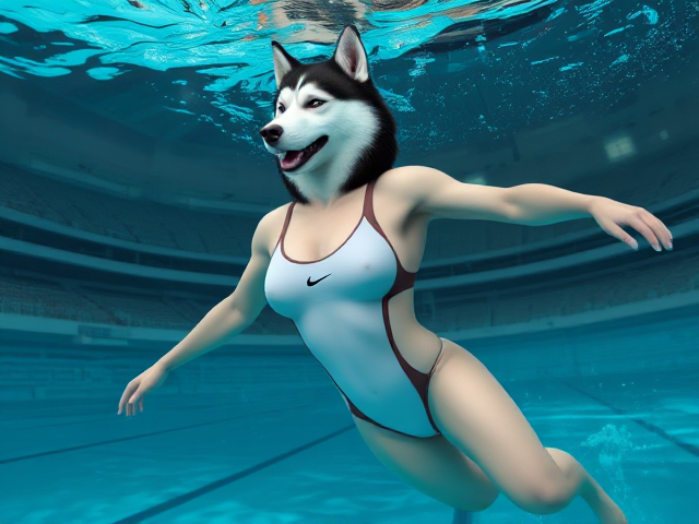 A tall anthropomorphic Siberian husky with a long torso and broad shoulders, wearing a high cut Nike one piece swimsuit while swimming in a Olympic sized pool