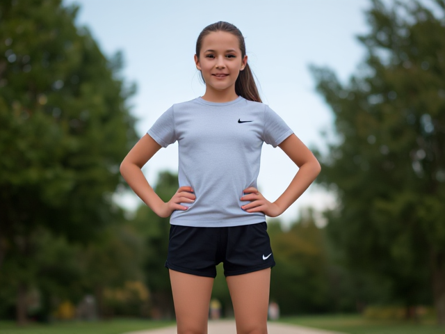 12 year old girl teen in T-shirt tight Nike pro shorts and socks