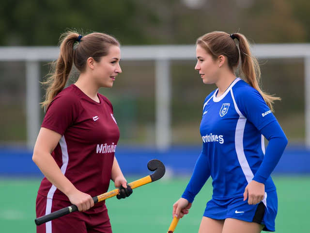 Beautiful middle aged field hockey woman in a burgundy uniform faces off against a beautiful middle aged field hockey woman in a blue and white uniform