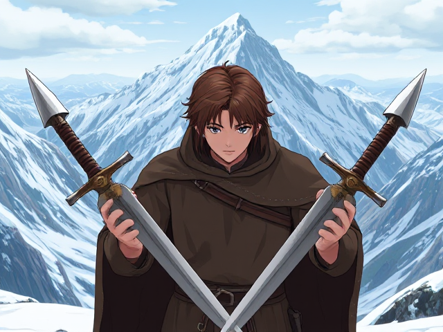 A young Viking with medium brown hair holding two dual wields Viking daggers facing down, he’s in the snow ontop of a giant mountain looking down, he has a Viking cloak over his head, anime