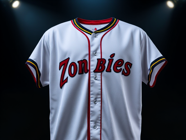 A white baseball jersey with Zombies across the front in red and black and neon green with red black and neon green piping around the neck and cuffs of the jersey
