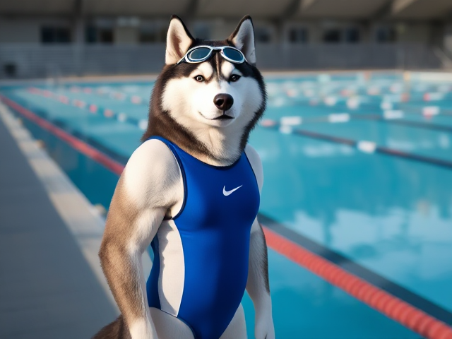 A anthropomorphic Alaskan malamute wearing a Nike one piece swimsuit and swimming goggles while standing next to a Olympic sized swimming pool