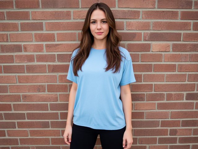 Brunettes in her early 20s hair down wearing a light blue loose t shirt that cuts at her knees and black yoga pants lined up against a brick wall by a military squad