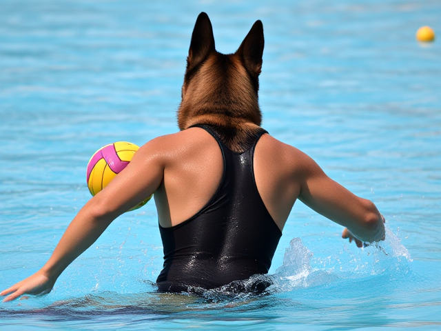 Anthropomorphic German shepherd playing water polo, wearing a one-piece swimsuit, focus on athletic build and posture