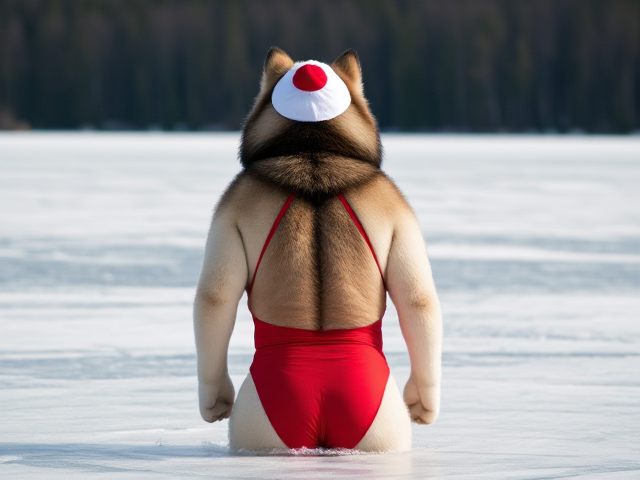 Anthropomorphic Alaskan malamute red lifeguard one piece swimsuit ice bath