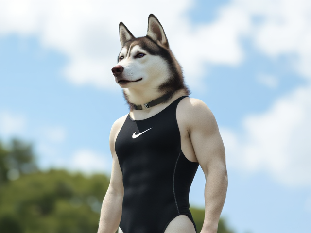 A tall Siberian Husky with a long torso and broad shoulders wearing a high cut Nike one piece swimsuit and swimming goggles